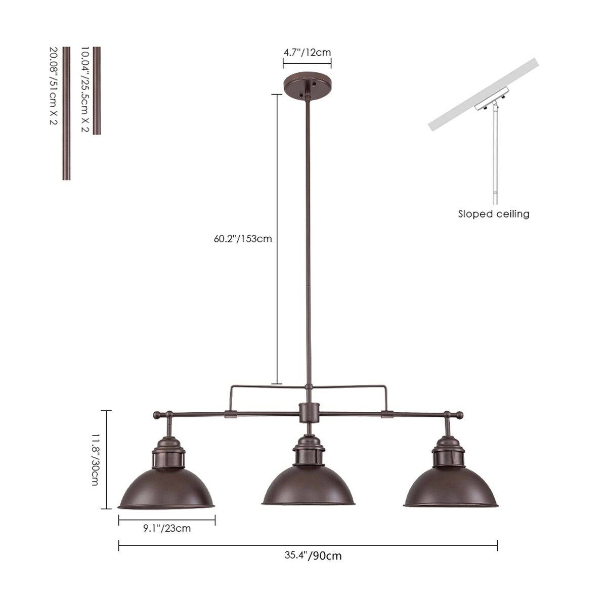 Suspension à 3 lumières à dôme de style industriel et rustique, en métal, pour îlot de cuisine, finition bronze huilé.