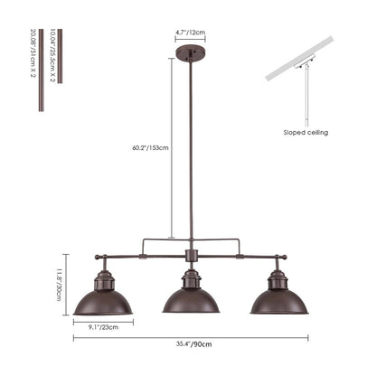Suspension à 3 lumières à dôme de style industriel et rustique, en métal, pour îlot de cuisine, finition bronze huilé.