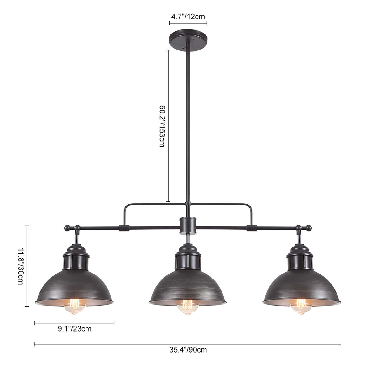 Suspension à 3 lumières à dôme de style industriel et rustique, en métal, pour îlot de cuisine, finition bronze huilé.