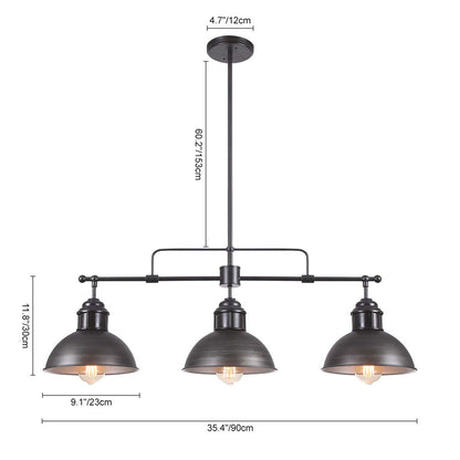 Suspension à 3 lumières à dôme de style industriel et rustique, en métal, pour îlot de cuisine, finition bronze huilé.