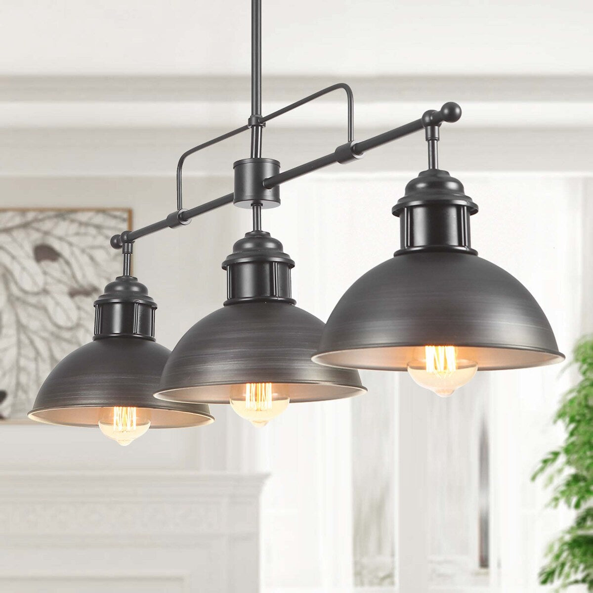 Suspension à 3 lumières à dôme de style industriel et rustique, en métal, pour îlot de cuisine, finition bronze huilé.