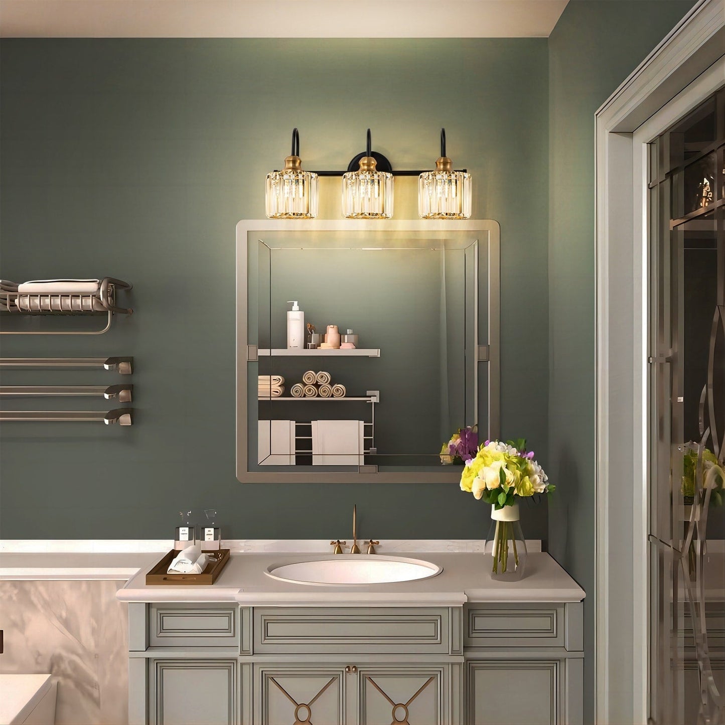 Éclairage de salle de bain moderne et élégant à 3/4 lumières, linéaire, à intensité variable, avec cristaux, à placer au-dessus du miroir.