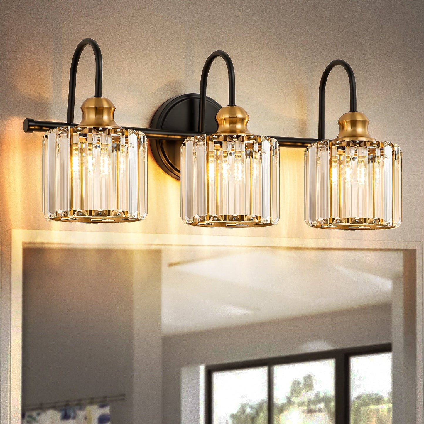 Éclairage de salle de bain moderne et élégant à 3/4 lumières, linéaire, à intensité variable, avec cristaux, à placer au-dessus du miroir.
