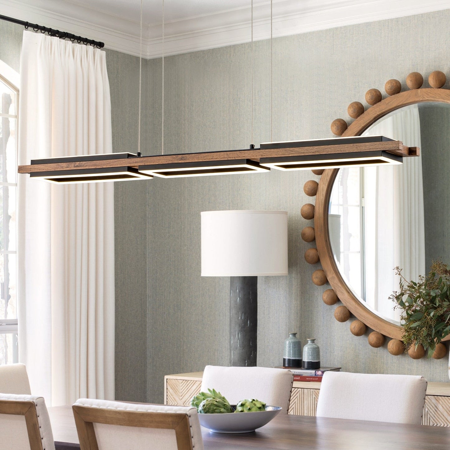Suspension à LED intégrée linéaire en bois à 3/5 lumières pour îlot de cuisine
