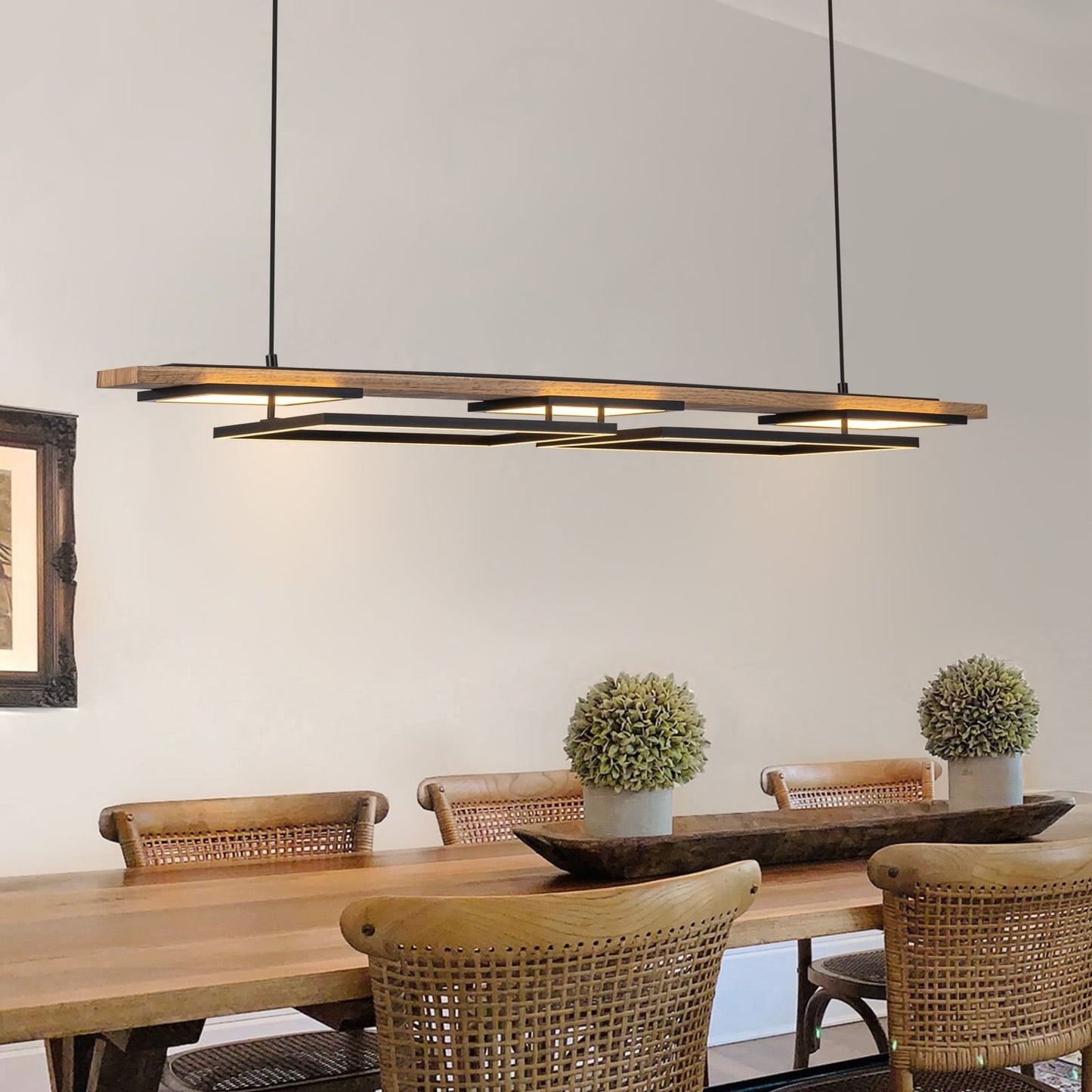 Suspension à LED intégrée linéaire en bois à 3/5 lumières pour îlot de cuisine