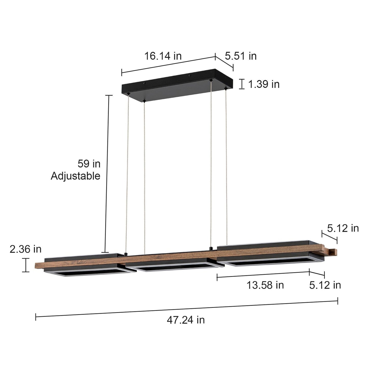 Suspension à LED intégrée linéaire en bois à 3/5 lumières pour îlot de cuisine