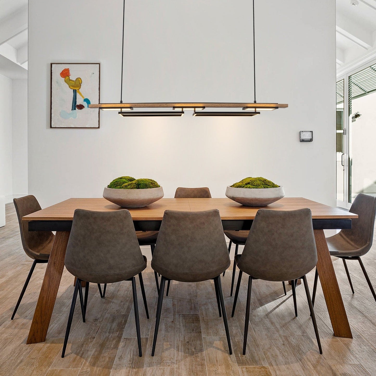 Suspension à LED intégrée linéaire en bois à 3/5 lumières pour îlot de cuisine