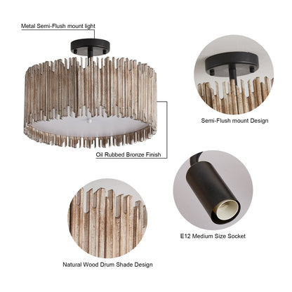 Suspension à 3 lumières en bois blanc vieilli, style tambour, à fixer au plafond