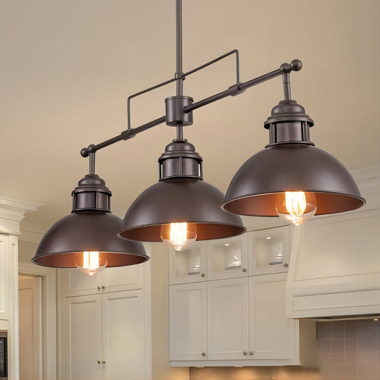 Suspension à 3 lumières à dôme de style industriel et rustique, en métal, pour îlot de cuisine, finition bronze huilé.