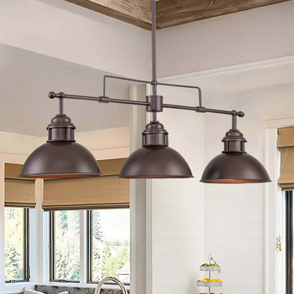 Suspension à 3 lumières à dôme de style industriel et rustique, en métal, pour îlot de cuisine, finition bronze huilé.