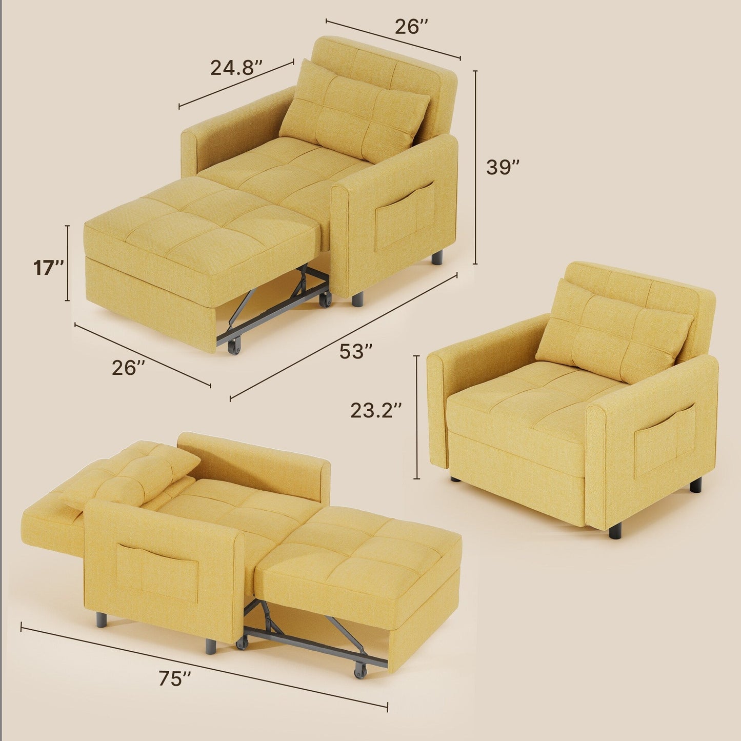 Canapé-lit convertible 3-en-1, canapé-lit escamotable, lit pliant convertible pour salon.