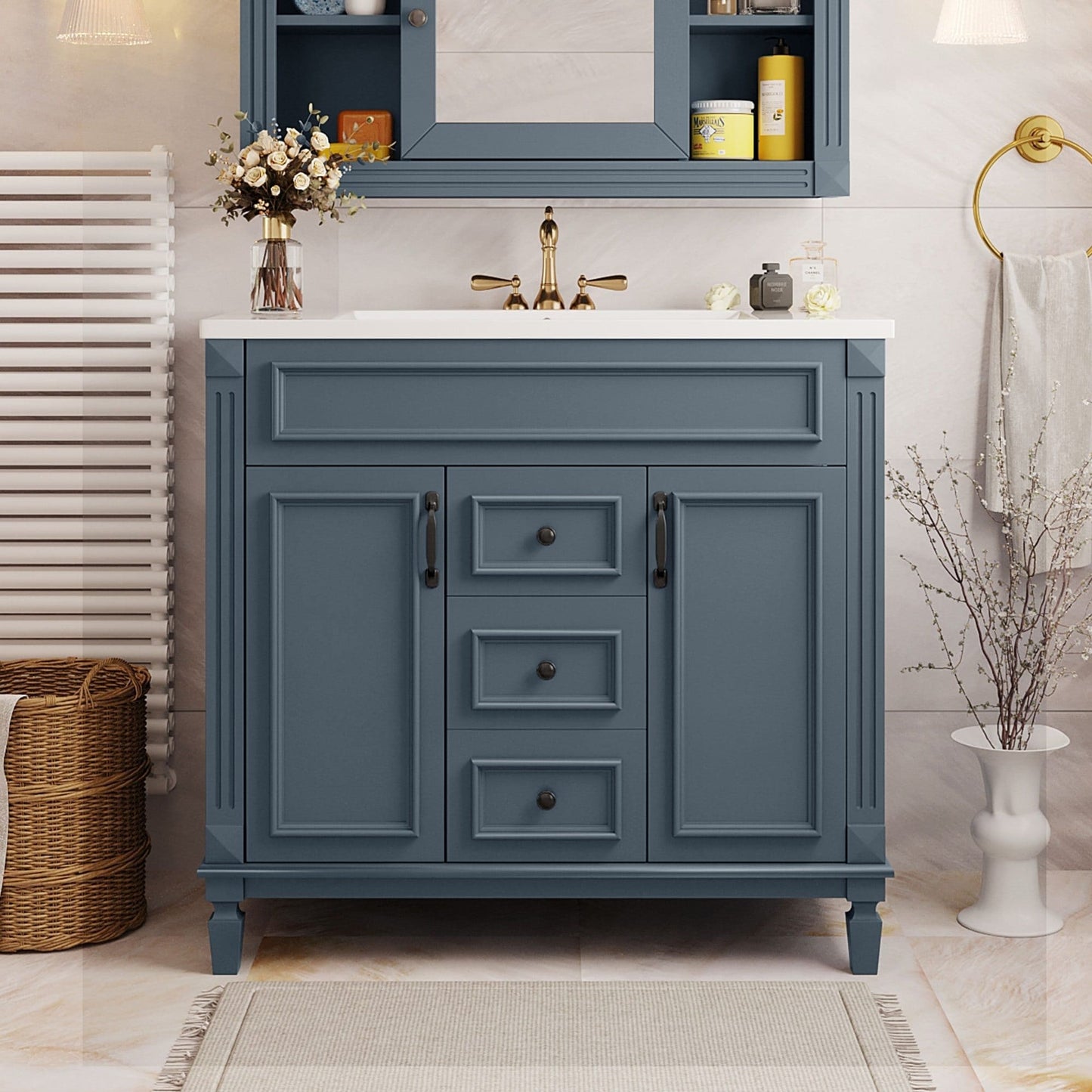 Meuble-lavabo moderne de 91 cm (36 pouces) pour salle de bain avec lavabo intégré et armoire à miroir, 2 portes et 2 tiroirs.