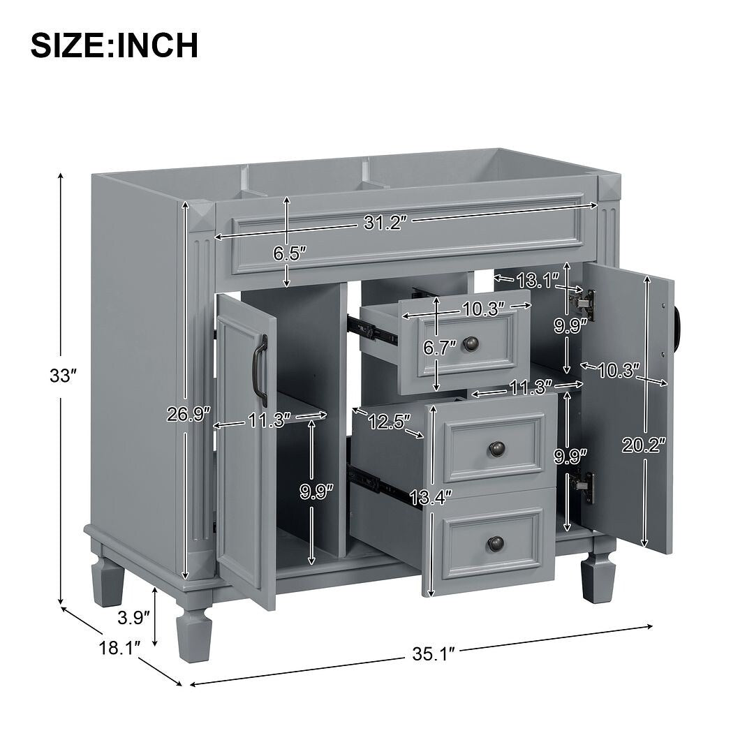 Meuble-lavabo moderne de 91 cm (36 pouces) pour salle de bain avec lavabo intégré et armoire à miroir, 2 portes et 2 tiroirs.