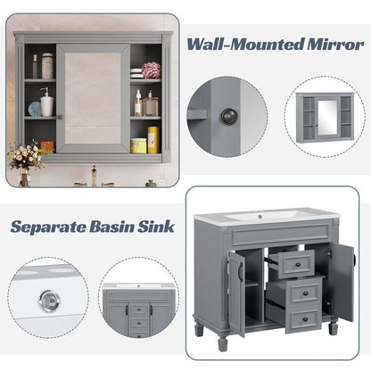 Meuble-lavabo moderne de 91 cm (36 pouces) pour salle de bain avec lavabo intégré et armoire à miroir, 2 portes et 2 tiroirs.