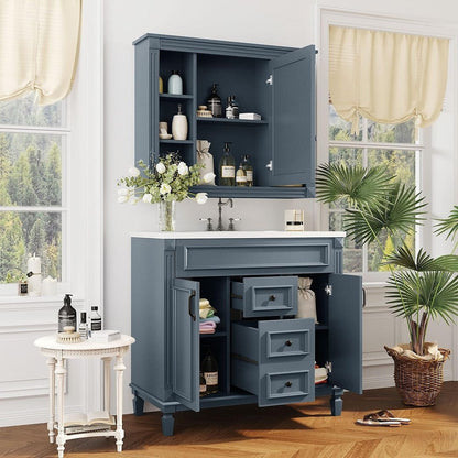 Meuble-lavabo moderne de 91 cm (36 pouces) pour salle de bain avec lavabo intégré et armoire à miroir, 2 portes et 2 tiroirs.