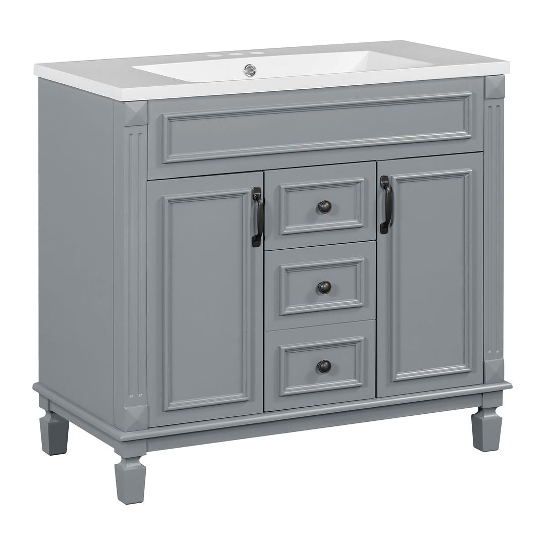 Meuble-lavabo moderne de 91 cm (36 pouces) pour salle de bain avec lavabo intégré et armoire à miroir, 2 portes et 2 tiroirs.