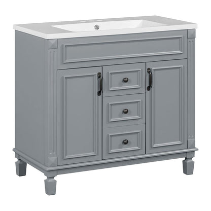 Meuble-lavabo moderne de 91 cm (36 pouces) pour salle de bain avec lavabo intégré et armoire à miroir, 2 portes et 2 tiroirs.