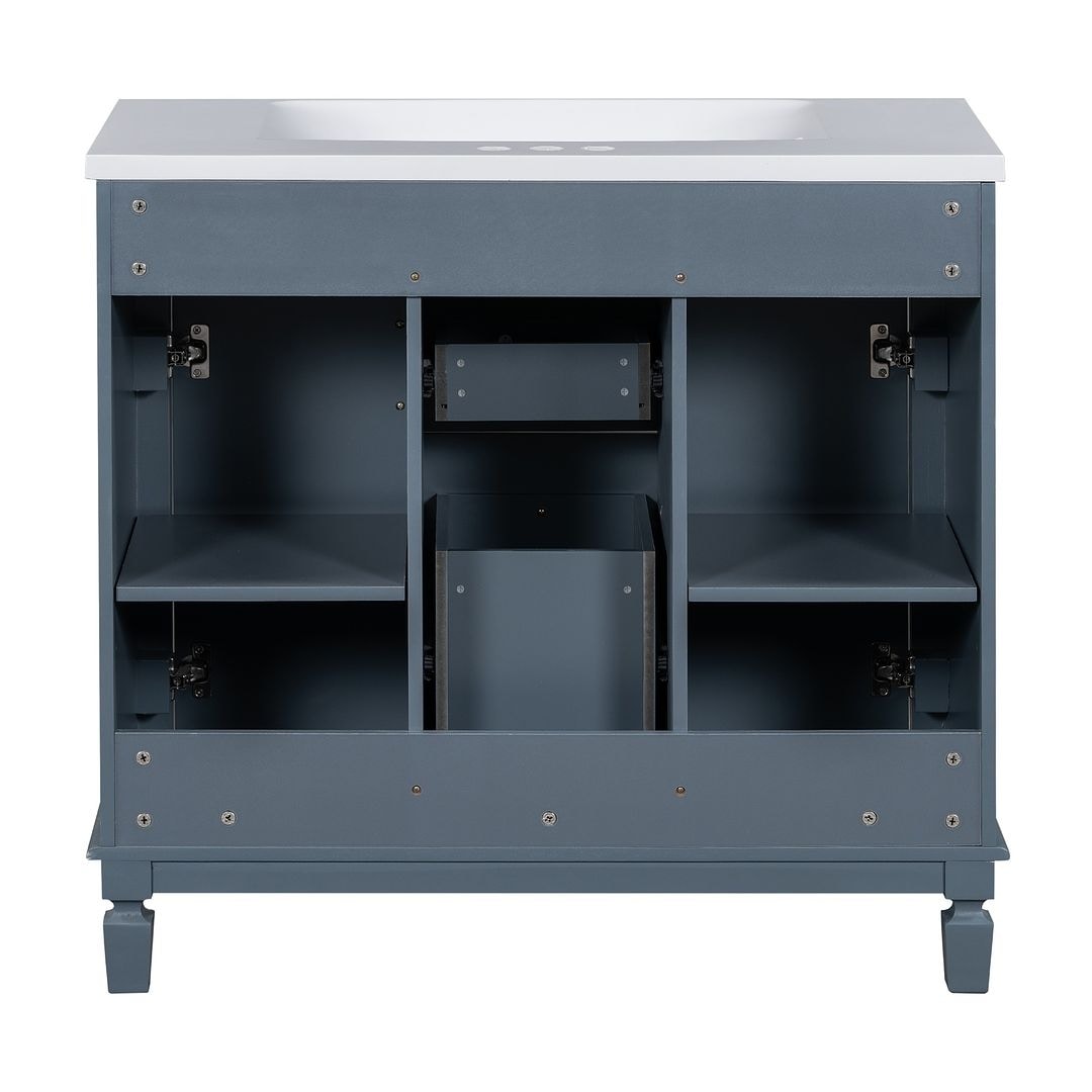 Meuble-lavabo moderne de 91 cm (36 pouces) pour salle de bain avec lavabo intégré et armoire à miroir, 2 portes et 2 tiroirs.