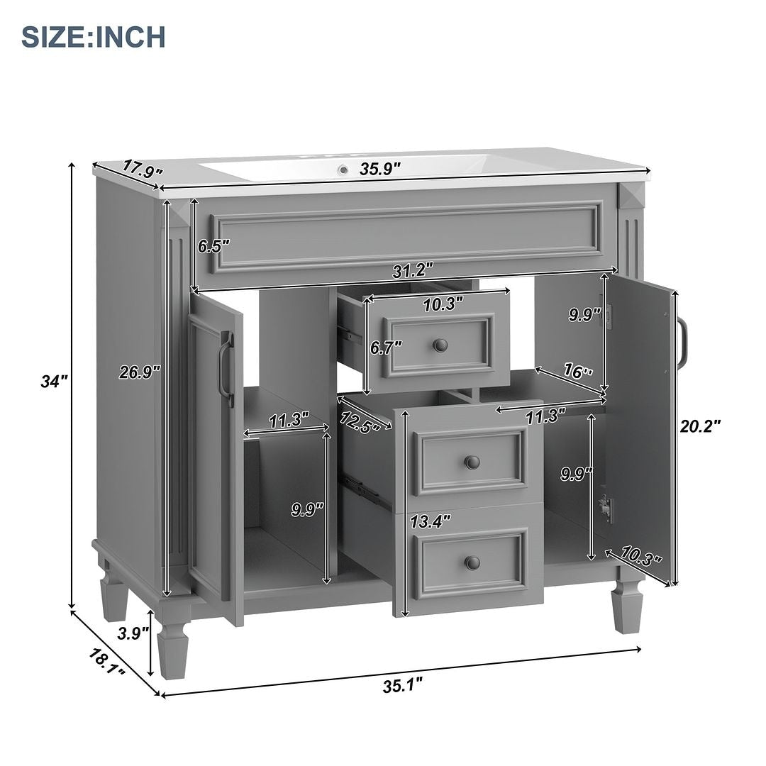 Meuble-lavabo moderne de 91 cm (36 pouces) pour salle de bain avec lavabo intégré et armoire à miroir, 2 portes et 2 tiroirs.
