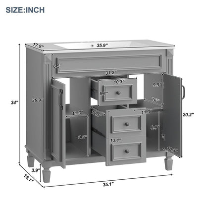 Meuble-lavabo moderne de 91 cm (36 pouces) pour salle de bain avec lavabo intégré et armoire à miroir, 2 portes et 2 tiroirs.