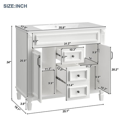 Meuble-lavabo moderne de 91 cm (36 pouces) pour salle de bain avec lavabo intégré et armoire à miroir, 2 portes et 2 tiroirs.
