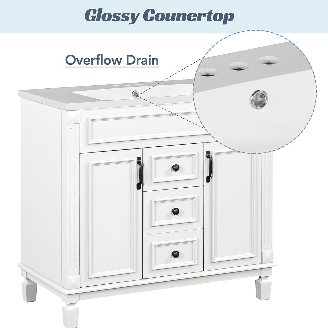 Meuble-lavabo moderne de 91 cm (36 pouces) pour salle de bain avec lavabo intégré et armoire à miroir, 2 portes et 2 tiroirs.