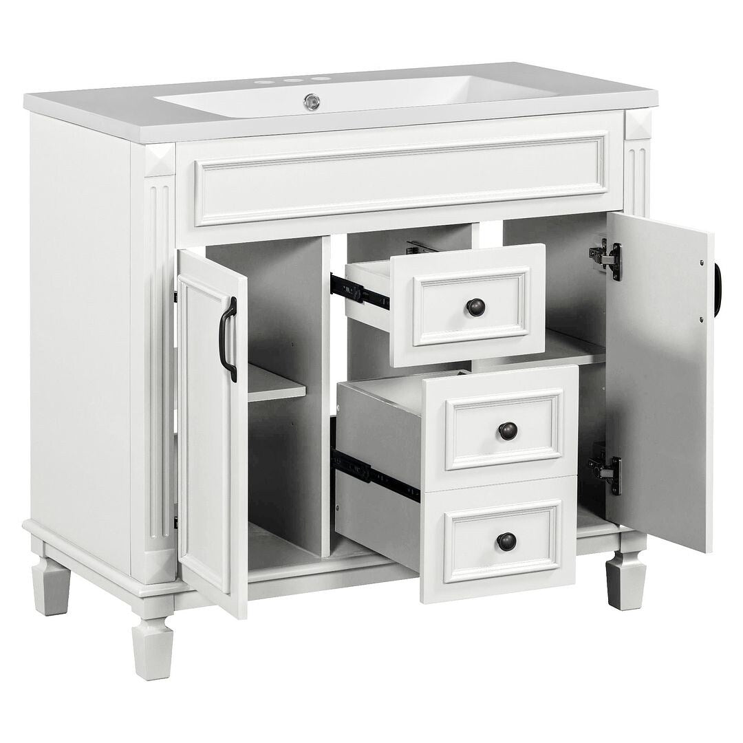 Meuble-lavabo moderne de 91 cm (36 pouces) pour salle de bain avec lavabo intégré et armoire à miroir, 2 portes et 2 tiroirs.