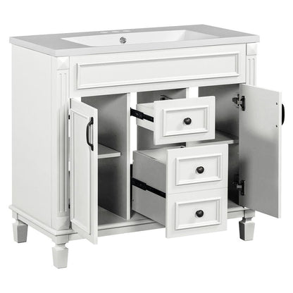 Meuble-lavabo moderne de 91 cm (36 pouces) pour salle de bain avec lavabo intégré et armoire à miroir, 2 portes et 2 tiroirs.