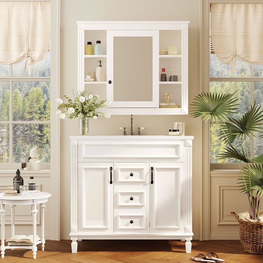 Meuble-lavabo moderne de 91 cm (36 pouces) pour salle de bain avec lavabo intégré et armoire à miroir, 2 portes et 2 tiroirs.