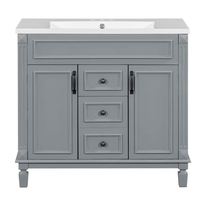 Meuble-lavabo moderne de 91 cm (36 pouces) pour salle de bain avec lavabo intégré et armoire à miroir, 2 portes et 2 tiroirs.