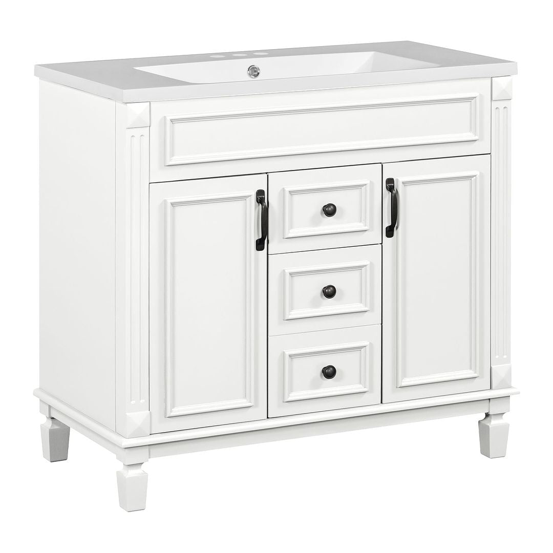 Meuble-lavabo moderne de 91 cm (36 pouces) pour salle de bain avec lavabo intégré et armoire à miroir, 2 portes et 2 tiroirs.
