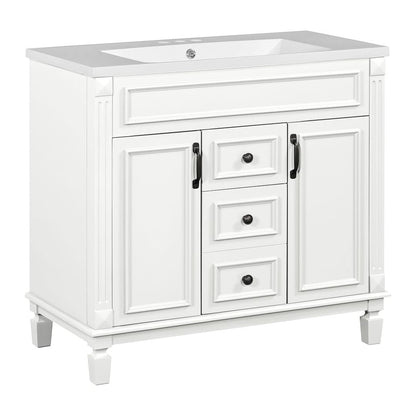 Meuble-lavabo moderne de 91 cm (36 pouces) pour salle de bain avec lavabo intégré et armoire à miroir, 2 portes et 2 tiroirs.