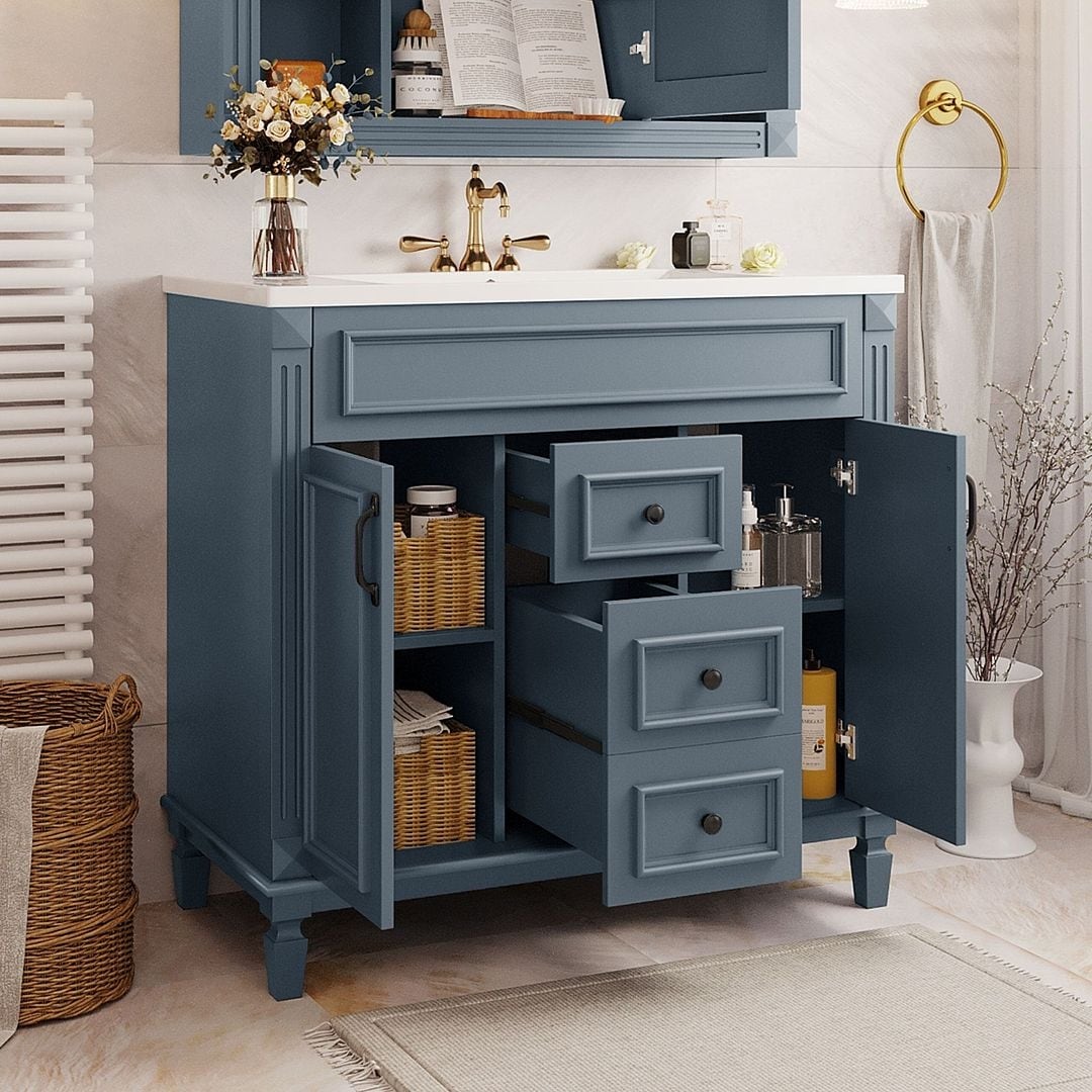 Meuble-lavabo moderne de 91 cm (36 pouces) pour salle de bain avec lavabo intégré et armoire à miroir, 2 portes et 2 tiroirs.
