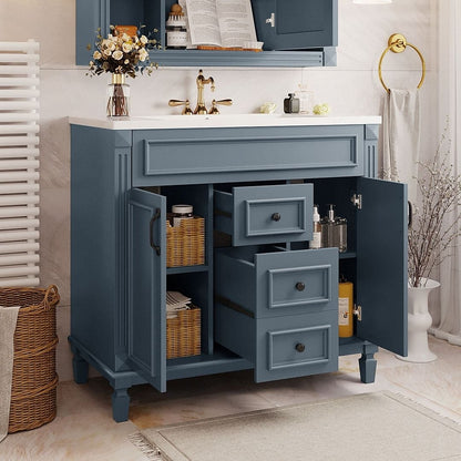 Meuble-lavabo moderne de 91 cm (36 pouces) pour salle de bain avec lavabo intégré et armoire à miroir, 2 portes et 2 tiroirs.