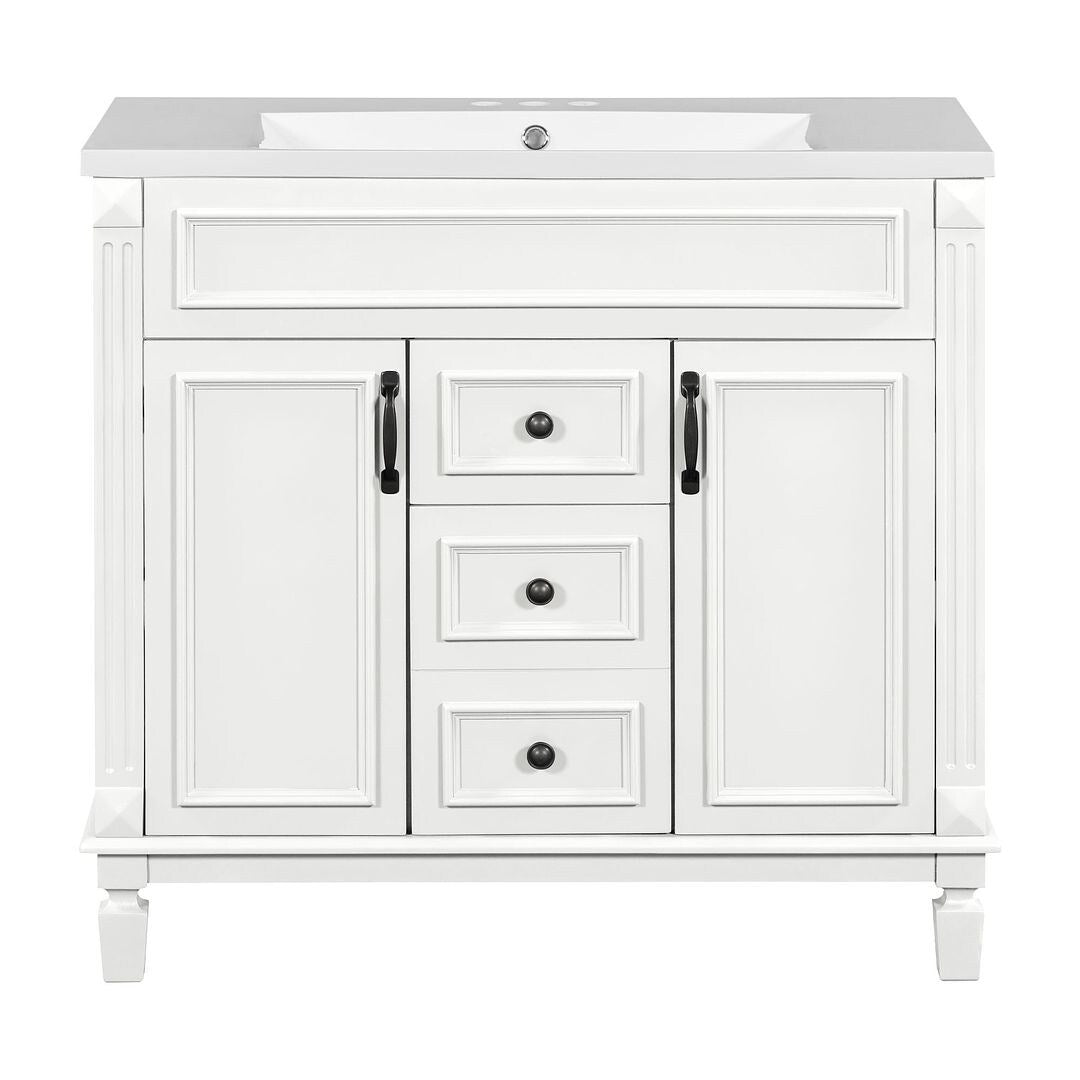 Meuble-lavabo moderne de 91 cm (36 pouces) pour salle de bain avec lavabo intégré et armoire à miroir, 2 portes et 2 tiroirs.
