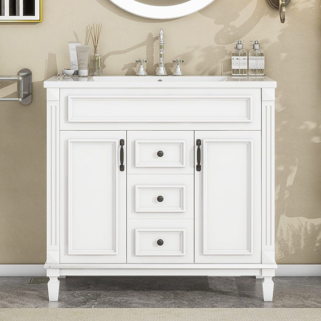 Meuble-lavabo moderne de 91 cm (36 pouces) pour salle de bain avec lavabo intégré et armoire à miroir, 2 portes et 2 tiroirs.