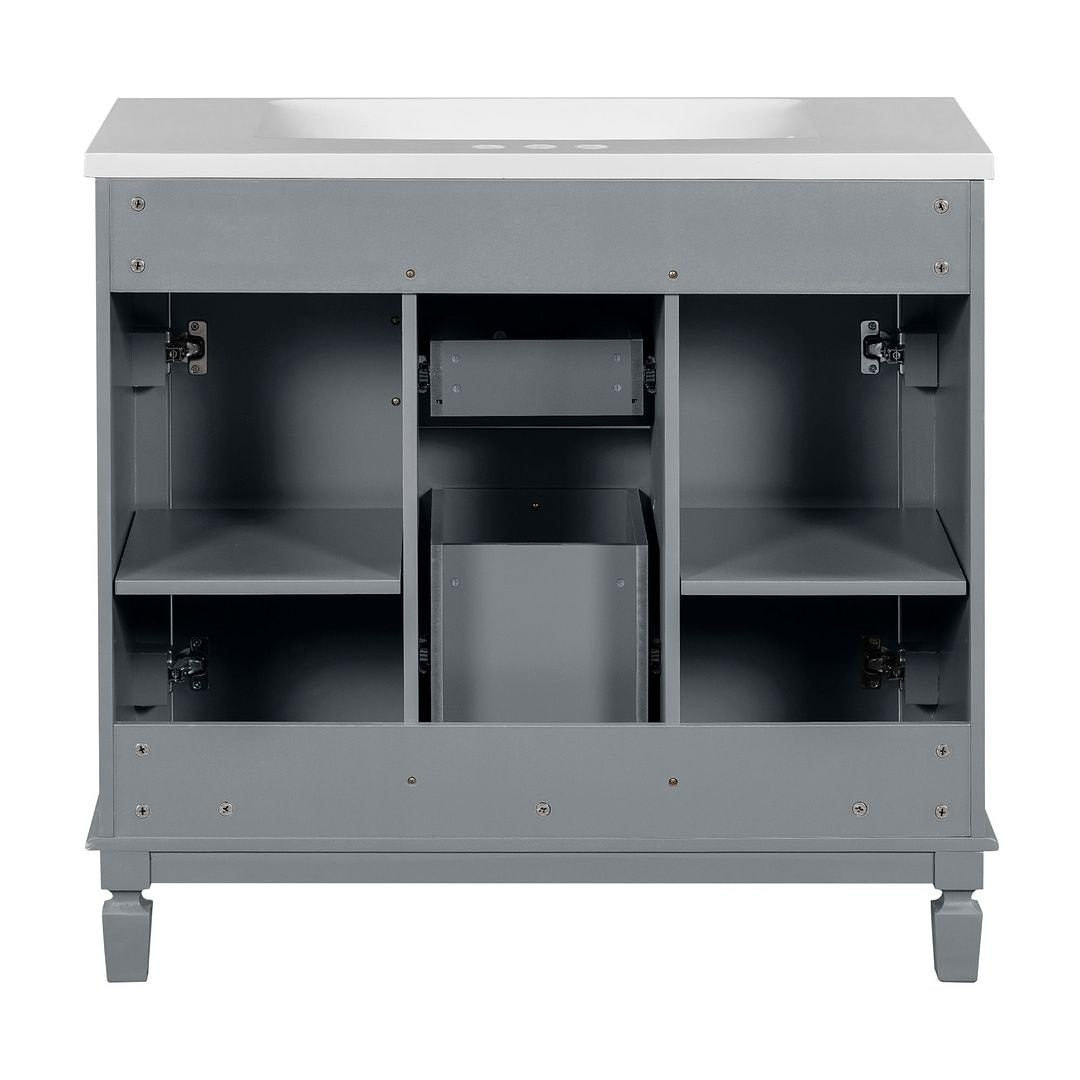 Meuble-lavabo moderne de 91 cm (36 pouces) pour salle de bain avec lavabo intégré et armoire à miroir, 2 portes et 2 tiroirs.