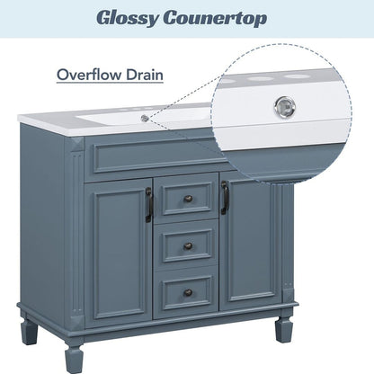 Meuble-lavabo moderne de 91 cm (36 pouces) pour salle de bain avec lavabo intégré et armoire à miroir, 2 portes et 2 tiroirs.