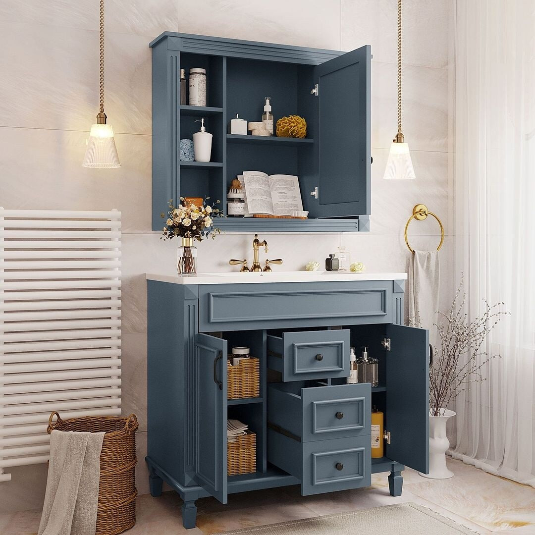 Meuble-lavabo moderne de 91 cm (36 pouces) pour salle de bain avec lavabo intégré et armoire à miroir, 2 portes et 2 tiroirs.