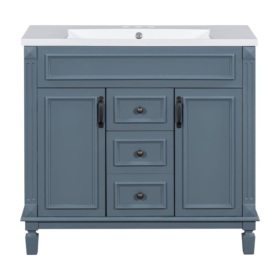 Meuble-lavabo moderne de 91 cm (36 pouces) pour salle de bain avec lavabo intégré et armoire à miroir, 2 portes et 2 tiroirs.