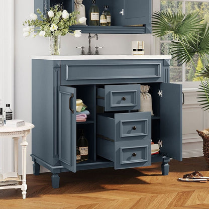 Meuble-lavabo moderne de 91 cm (36 pouces) pour salle de bain avec lavabo intégré et armoire à miroir, 2 portes et 2 tiroirs.