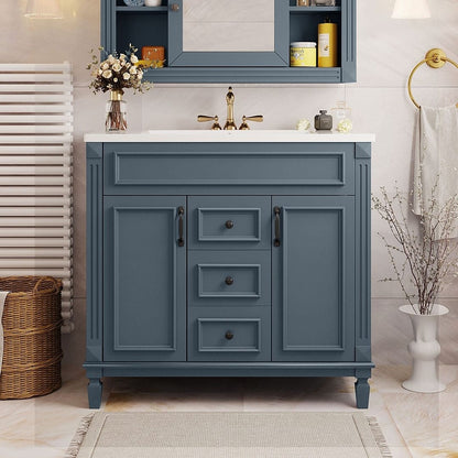 Meuble-lavabo moderne de 91 cm (36 pouces) pour salle de bain avec lavabo intégré et armoire à miroir, 2 portes et 2 tiroirs.