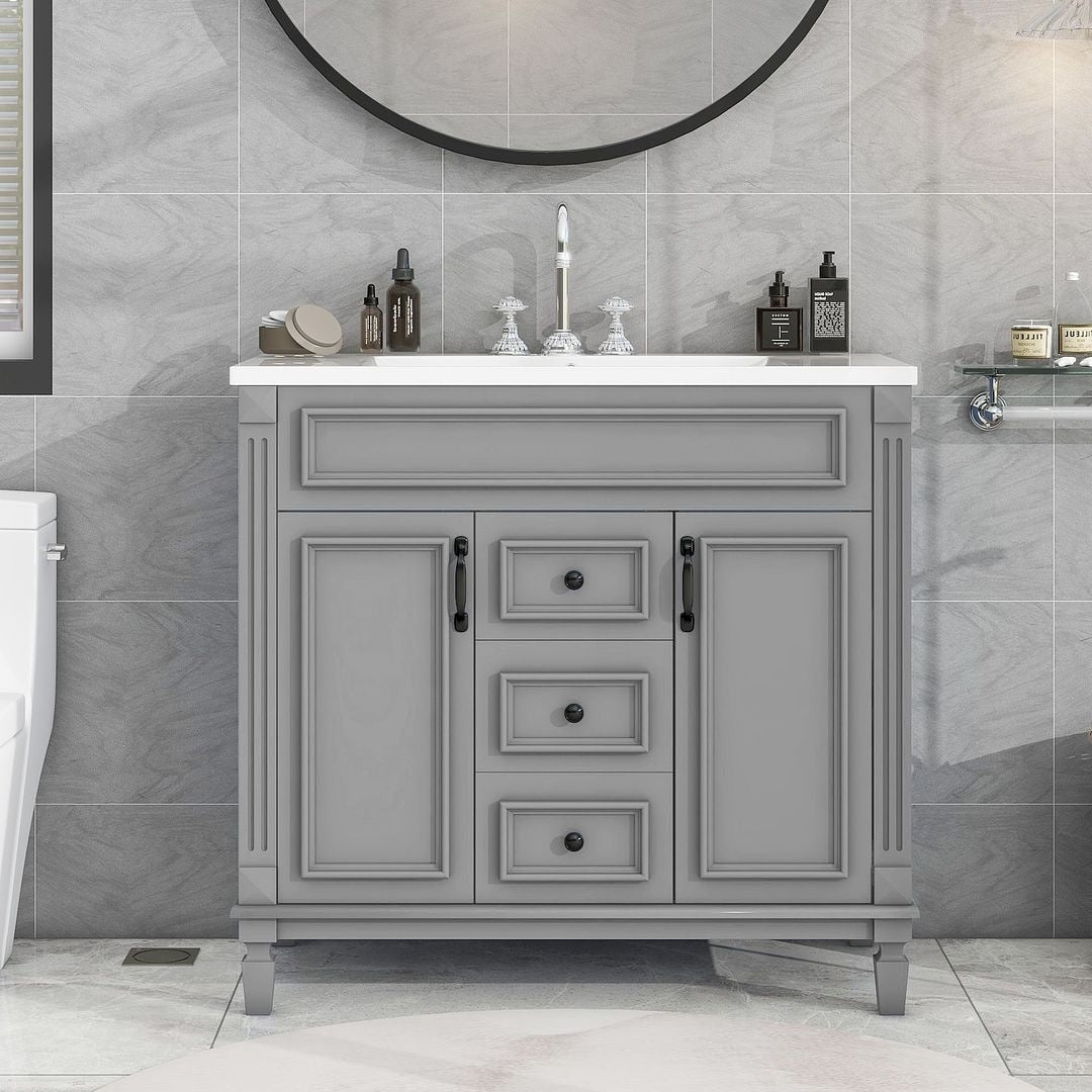 Meuble-lavabo moderne de 91 cm (36 pouces) pour salle de bain avec lavabo intégré et armoire à miroir, 2 portes et 2 tiroirs.