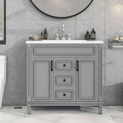 Meuble-lavabo moderne de 91 cm (36 pouces) pour salle de bain avec lavabo intégré et armoire à miroir, 2 portes et 2 tiroirs.