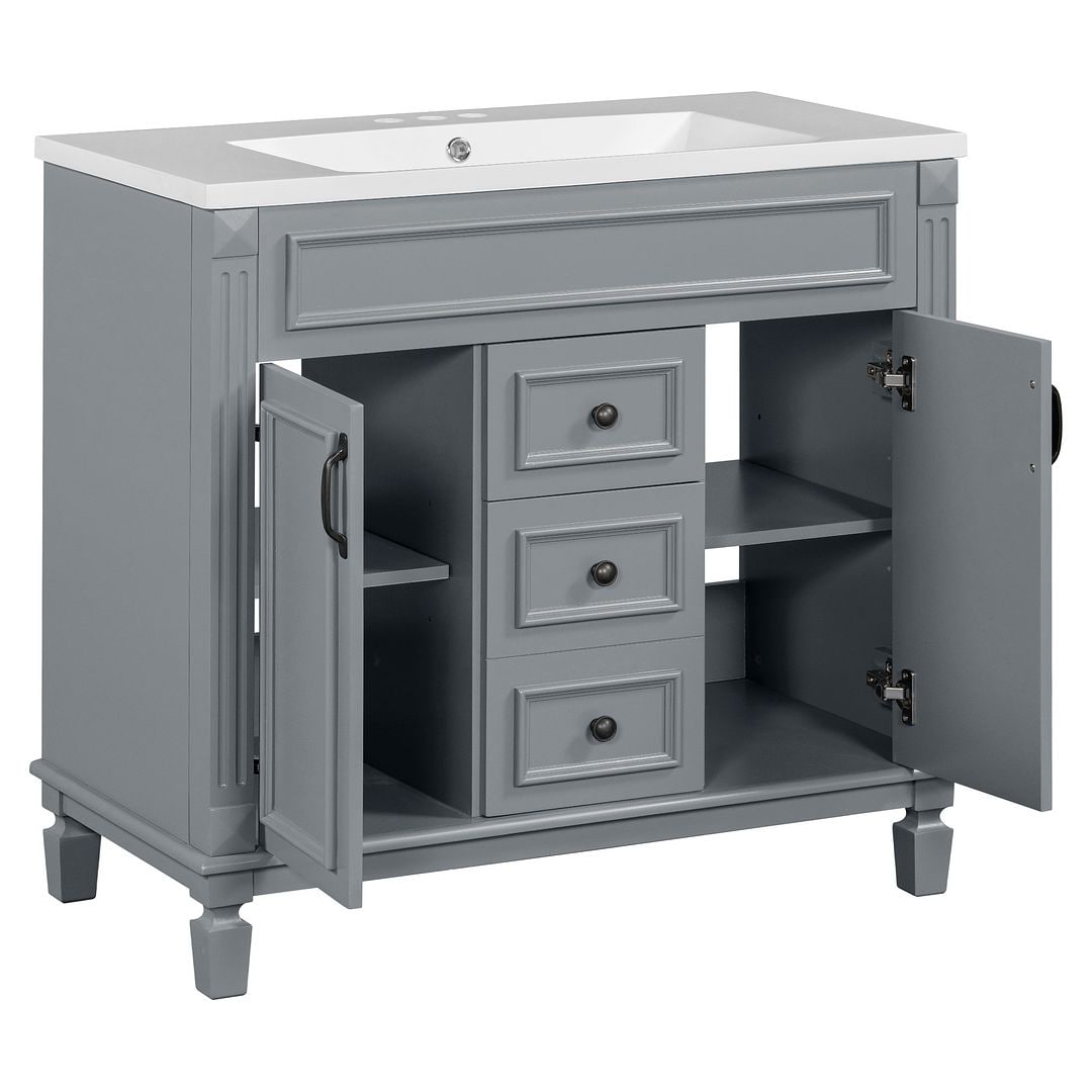 Meuble-lavabo moderne de 91 cm (36 pouces) pour salle de bain avec lavabo intégré et armoire à miroir, 2 portes et 2 tiroirs.
