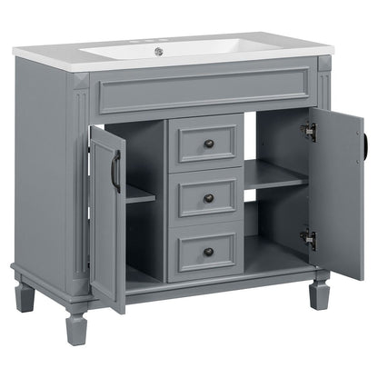 Meuble-lavabo moderne de 91 cm (36 pouces) pour salle de bain avec lavabo intégré et armoire à miroir, 2 portes et 2 tiroirs.