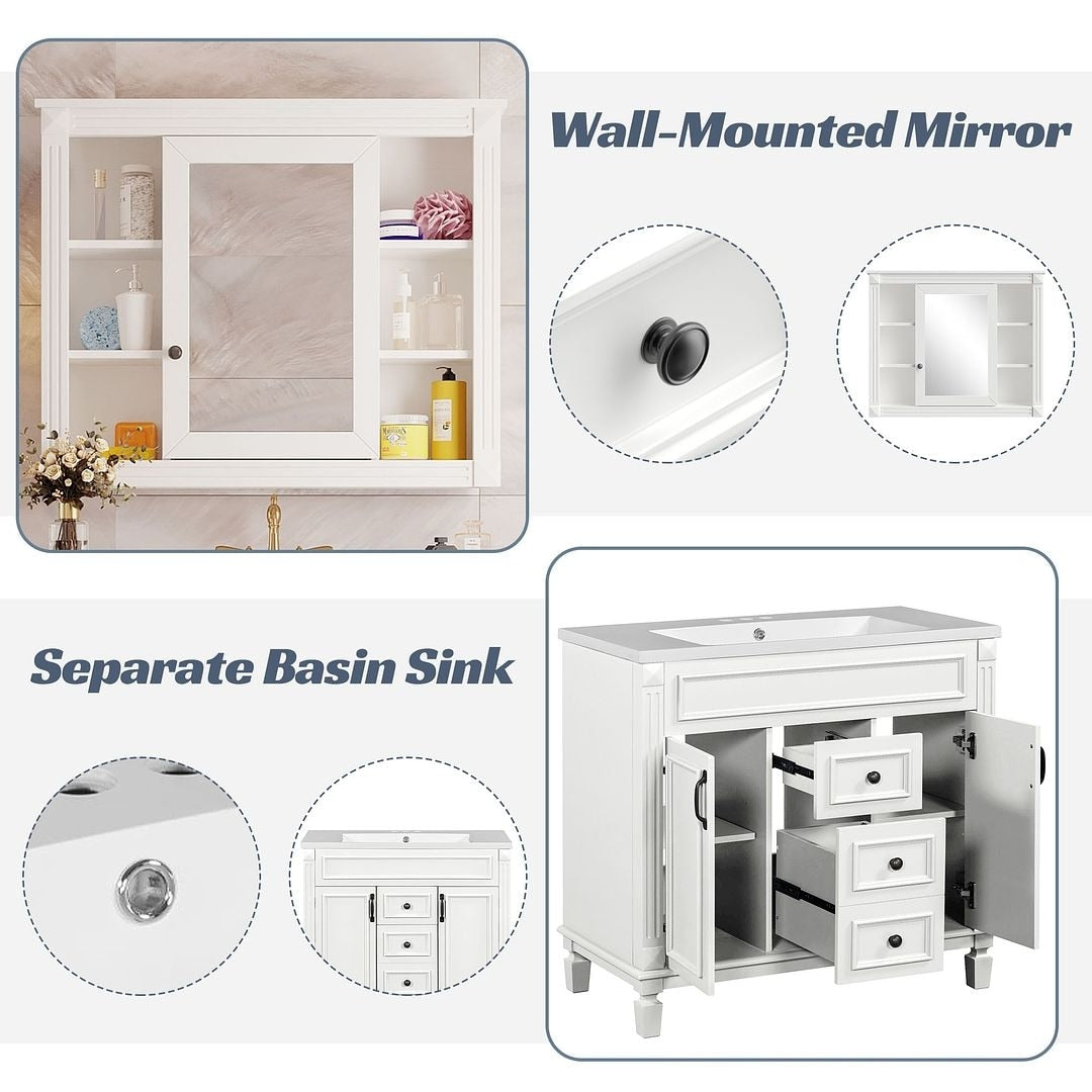 Meuble-lavabo moderne de 91 cm (36 pouces) pour salle de bain avec lavabo intégré et armoire à miroir, 2 portes et 2 tiroirs.