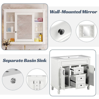 Meuble-lavabo moderne de 91 cm (36 pouces) pour salle de bain avec lavabo intégré et armoire à miroir, 2 portes et 2 tiroirs.