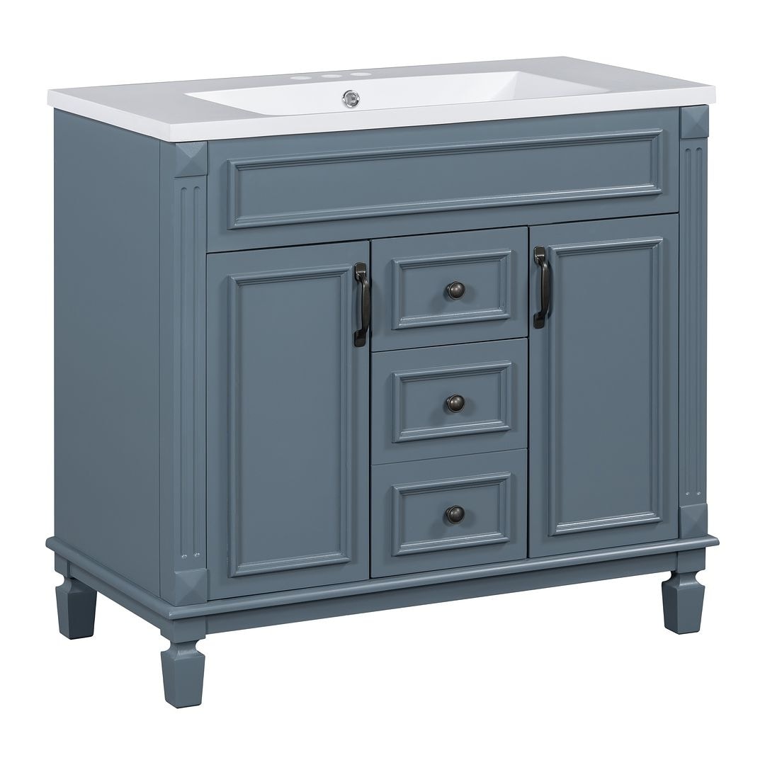 Meuble-lavabo moderne de 91 cm (36 pouces) pour salle de bain avec lavabo intégré et armoire à miroir, 2 portes et 2 tiroirs.