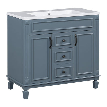 Meuble-lavabo moderne de 91 cm (36 pouces) pour salle de bain avec lavabo intégré et armoire à miroir, 2 portes et 2 tiroirs.